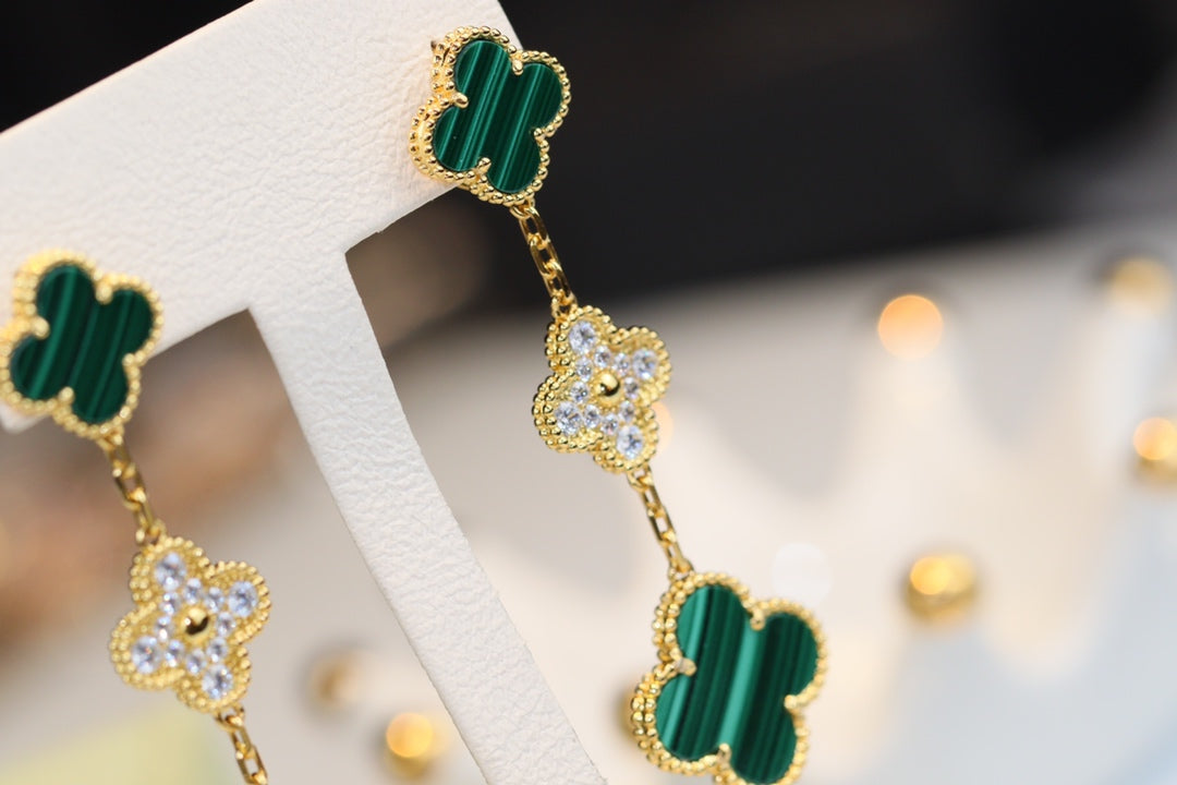 [BLUE TEARS]CLOVER EARRINGS GOLD MALACHITE DIAMOND 3 MOTIF
