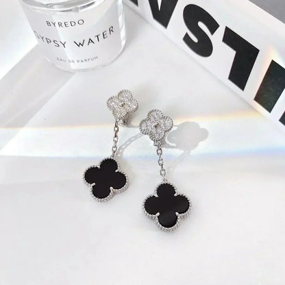 [BLUE TEARS]CLOVER 2 MOTIFS  DIAMOND ONYX EARRINGS SILVER
