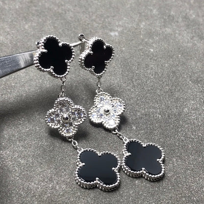 [BLUE TEARS]CLOVER 3 MOTIF DIAMOND ONYX SILVER EARRINGS