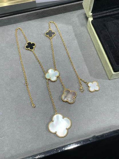 [BLUE TEARS]CLOVER 6 MOTIF MOP ONYX GOLD NECKLACE