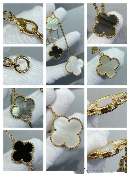 [BLUE TEARS]CLOVER 6 MOTIF MOP ONYX GOLD NECKLACE