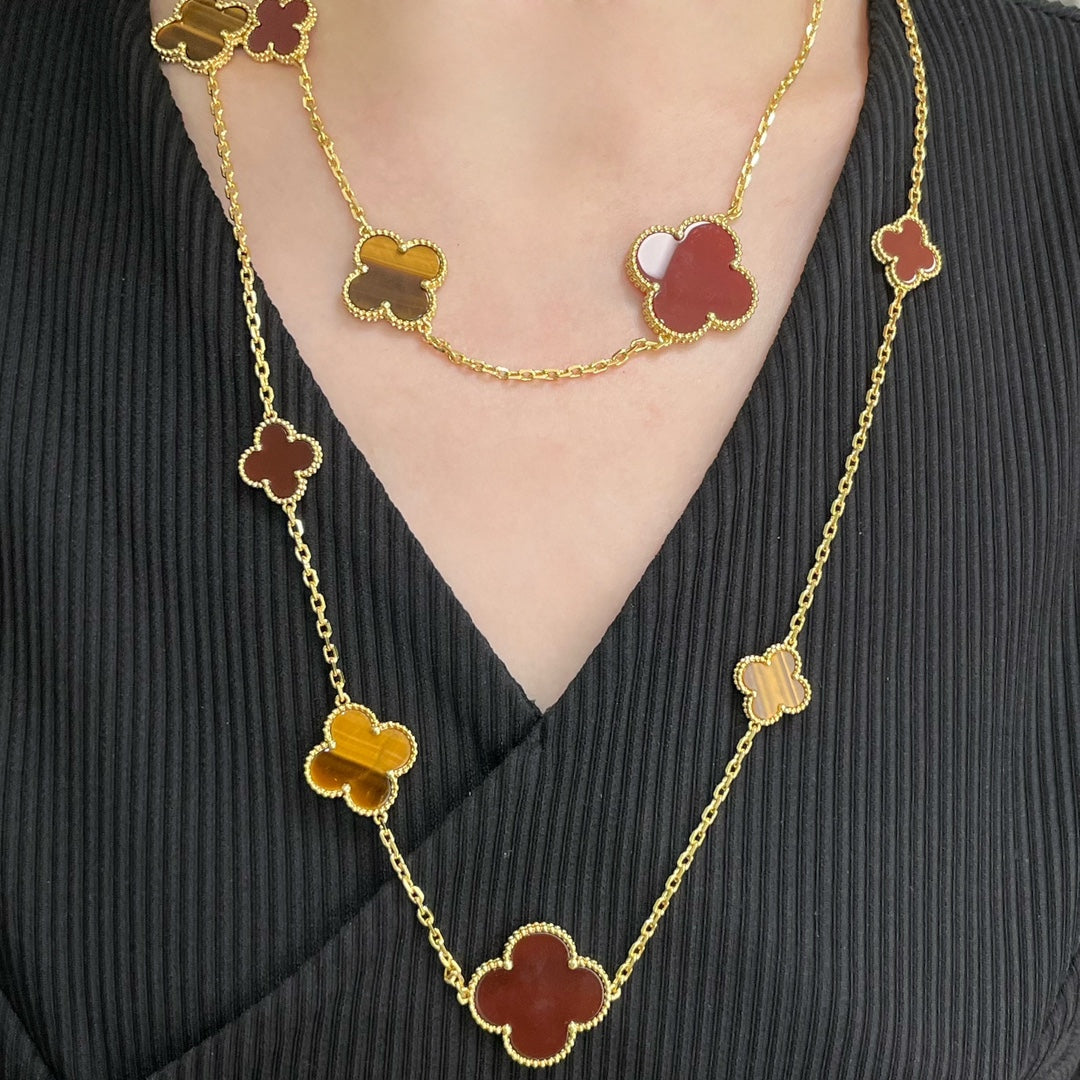[BLUE TEARS]CLOVER 16 MOTIF CARNELIAN TIGER EYE ROSE GOLD NECKLACE