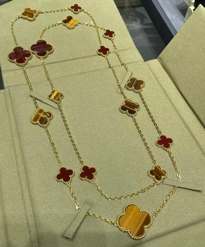 [BLUE TEARS]CLOVER 16 MOTIF CARNELIAN TIGER EYE ROSE GOLD NECKLACE
