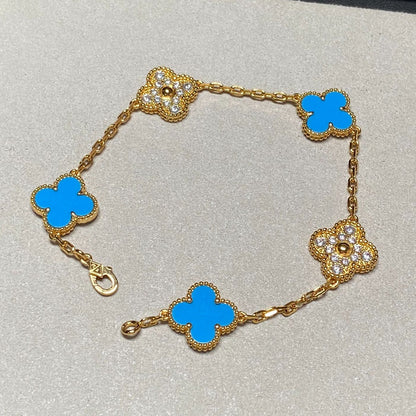 [BLUE TEARS]CLOVER 5 MOTIF BLUE CHALCEDONY DIAMOND GOLD BRACELET
