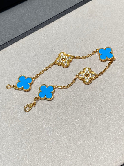 [BLUE TEARS]CLOVER 5 MOTIF BLUE CHALCEDONY DIAMOND GOLD BRACELET