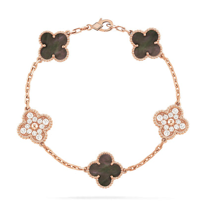 [BLUE TEARS]CLOVER 5 MOTIFS DARK MOP AND DIAMONDS PINK GOLD BRACELET
