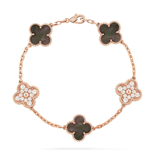 [BLUE TEARS]CLOVER 5 MOTIFS DARK MOP AND DIAMONDS PINK GOLD BRACELET