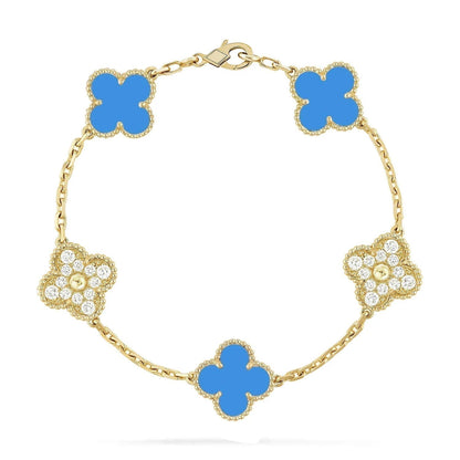 [BLUE TEARS]CLOVER 5 MOTIF BLUE CHALCEDONY DIAMOND GOLD BRACELET