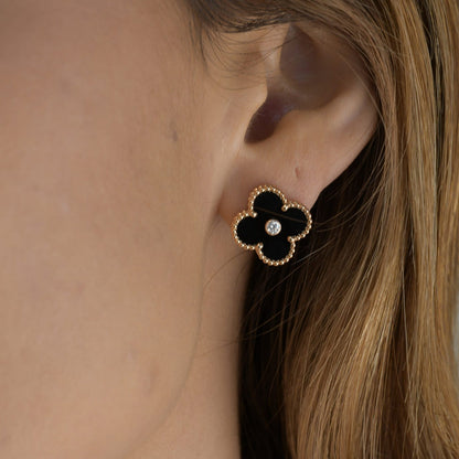 [BLUE TEARS]CLOVER MEDIUM 1 MOTIFS ONYX DIAMOND EARRINGS