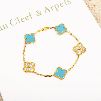 [BLUE TEARS]CLOVER 5 MOTIF TURQUOISE DIAMOND GOLD BRACELET