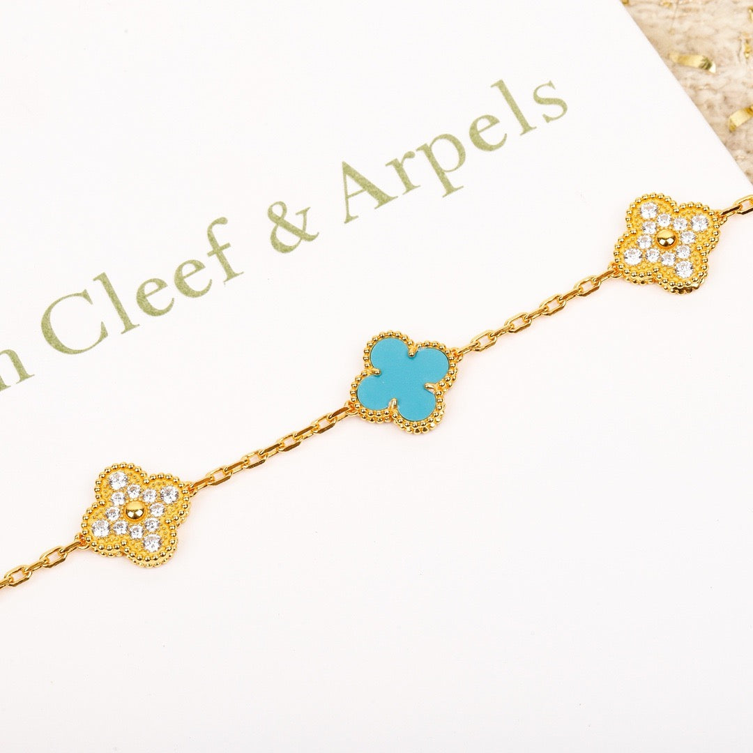 [BLAUE TRÄNEN]KLEE 5 MOTIV TÜRKIS DIAMANT GOLDARMBAND