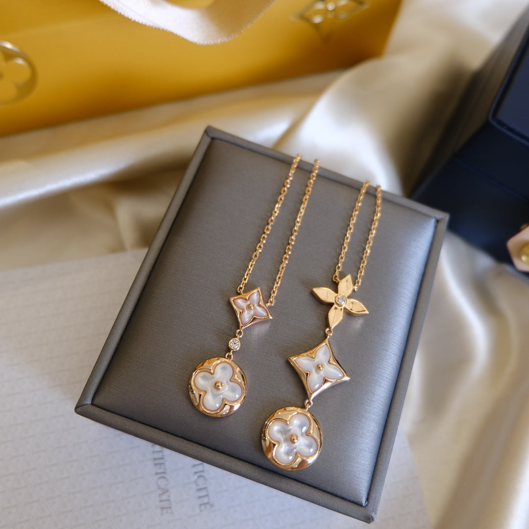 [BLUE TEARS]COLOR BLOSSOM LARIAT NECKLACE PINK GOLD WHITE MOTHER PEARL AND DIAMOND