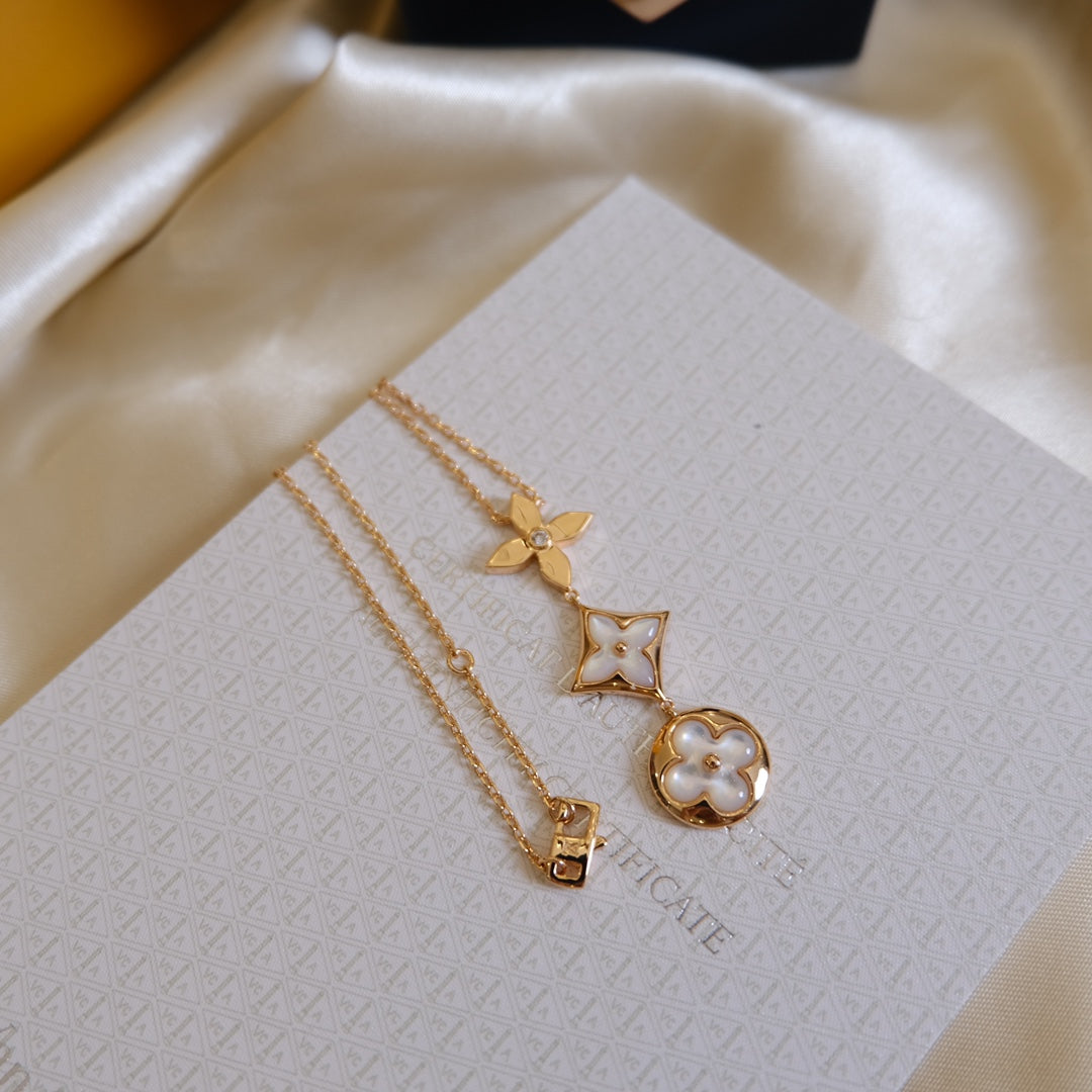 [BLUE TEARS]COLOR BLOSSOM LARIAT NECKLACE PINK GOLD WHITE MOTHER PEARL AND DIAMOND