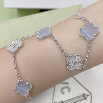 [BLUE TEARS]CLOVER  5 MOTIF DIAMOND PURPLE CHALCEDONY BRACELET SILVER