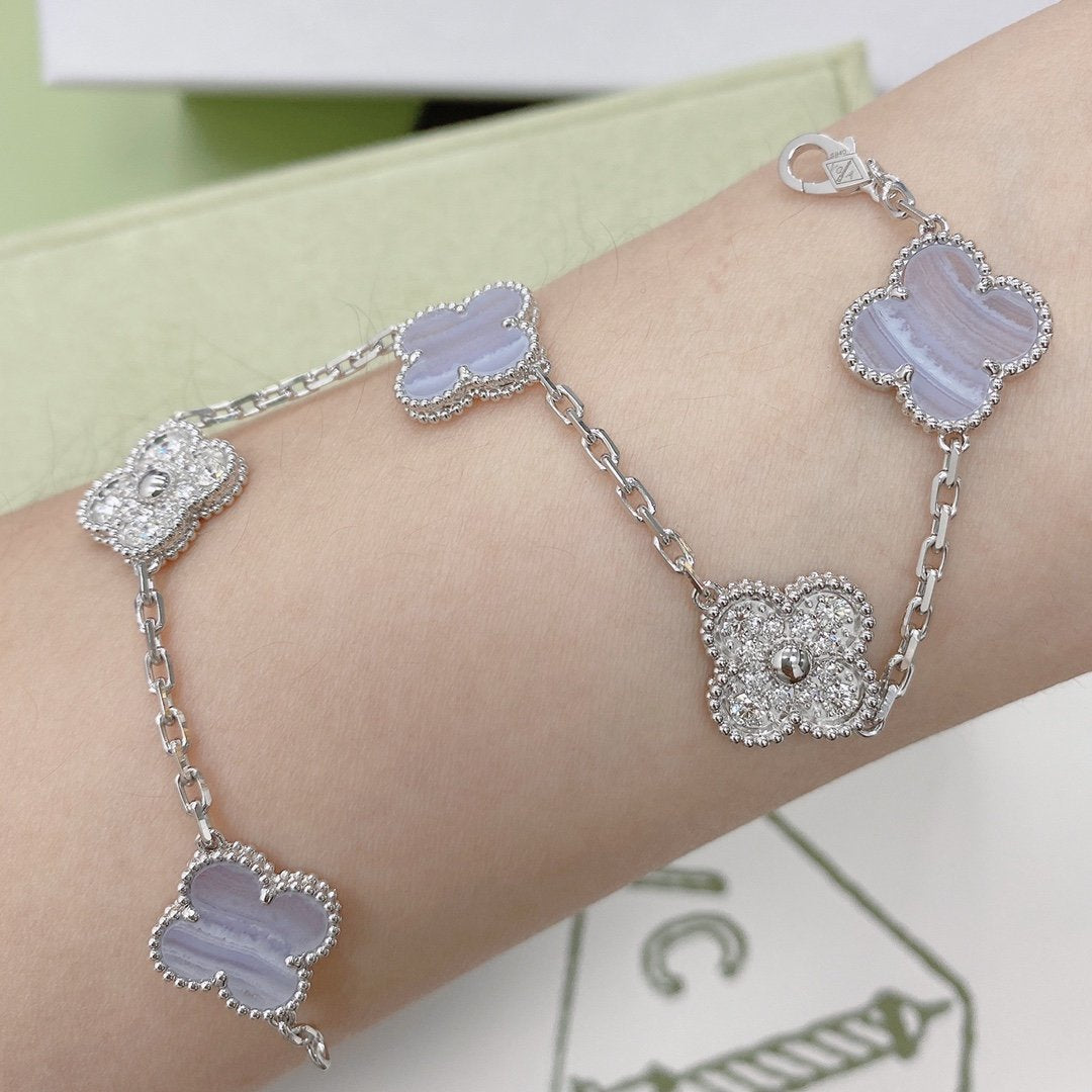 [BLAUE TRÄNEN]KLEE 5 MOTIV DIAMANT LILA CHALCEDON ARMBAND SILBER 