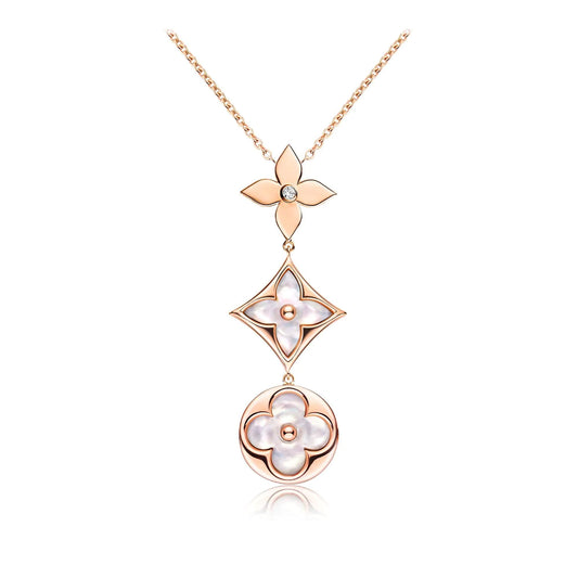 [BLUE TEARS]COLOR BLOSSOM LARIAT NECKLACE PINK GOLD WHITE MOTHER PEARL AND DIAMOND